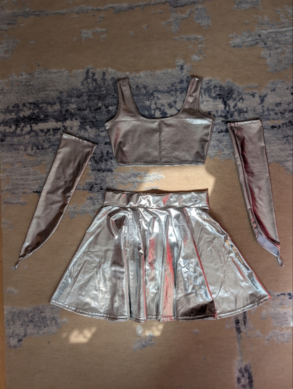 Metallic Silver Skater Skirt Set with Crop Top And Gloves